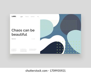 Abstract homepage design. Colorful fluid spots and geometric shapes. Decorative backdrop. Minimal texture, decor elements and shapes. Eps10 vector illustration.