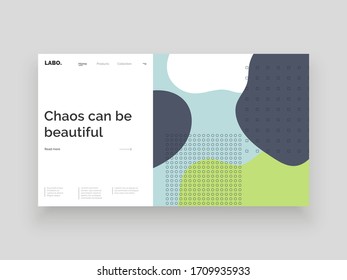 Abstract homepage design. Colorful fluid spots and geometric shapes. Decorative backdrop. Minimal texture, decor elements and shapes. Eps10 vector illustration.