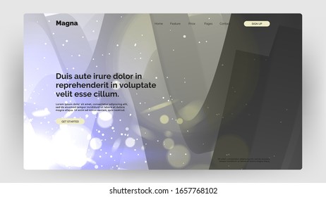 Abstract homepage design. Dynamic composition with trendy liquid fluid 3d shapes. Monochrome, black and white flow shapes and bright light, glare, bokeh, sparks. Eps10 vector illustration.