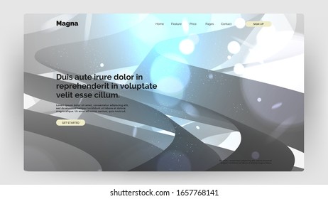 Abstract homepage design. Dynamic composition with trendy liquid fluid 3d shapes. Monochrome, black and white flow shapes and bright light, glare, bokeh, sparks. Eps10 vector illustration.