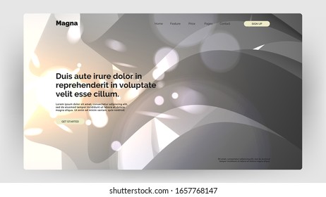 Abstract homepage design. Dynamic composition with trendy liquid fluid 3d shapes. Monochrome, black and white flow shapes and bright light, glare, bokeh, sparks. Eps10 vector illustration.