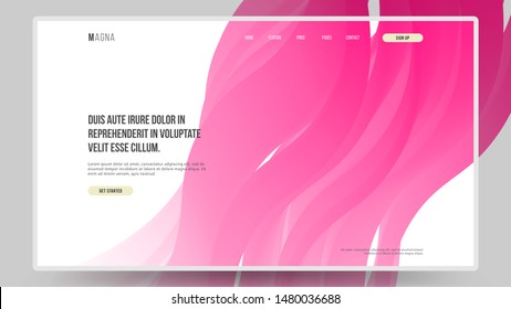 Abstract homepage design. Modern landing page template, concept. Wavy 3d line. Colorful pink form on white background. Eps10 vector. 