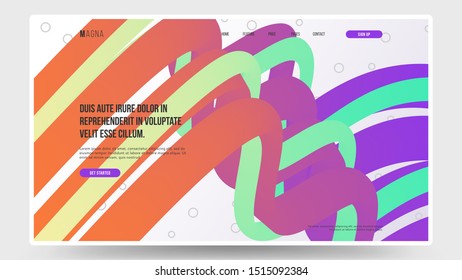 Abstract homepage design. Modern web page design template, concept. Wavy 3d form. Colorful orange magenta, green yellow shapes on white backdrop with gray circles. Eps10 vector. 