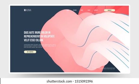 Abstract homepage design. Modern web page design template, concept. Wavy 3d form. Colorful red white shapes on dark blue backdrop. Eps10 vector. 