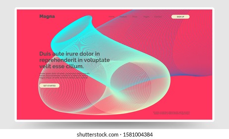 Abstract homepage design. Modern web page template, concept. Colorful radical red backdrop and denim, blond, cyan wavy lines. Vibrant gradient, iridescent foil. Eps10 vector. 