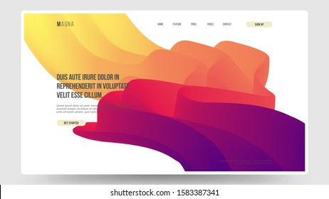 Abstract homepage design. Modern web page template, concept. Fluid 3d shapes. Spanish crimson, laser lemon, indigo color. Eps10 vector. 
