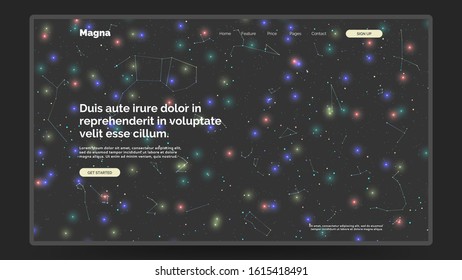 Abstract homepage design. Modern web page template, concept. Colorful night sky, stars, constellation. Eps10 vector. 