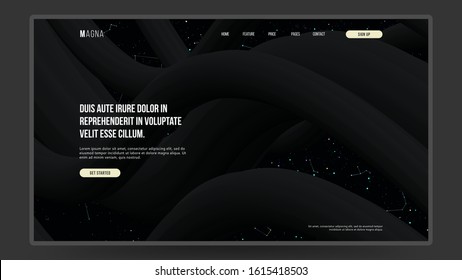 Abstract homepage design. Modern web page template, concept. Colorful wavy 3d shapes and stars. Color name: rich black. Eps10 vector. 