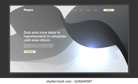 Abstract homepage design. Monochrome, black and white 3d flow shapes and glare, bokeh, sparks. Fluid shape illustration. Eps10 vector.