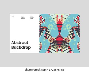Abstract homepage illustration. Colorful lines, spots, dypsis lutescens leaves and map texture. Decorative symmetric wallpaper, backdrop. Hand drawn texture, decor elements and shapes. Eps10 vector.