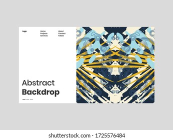 Abstract homepage illustration. Colorful lines, spots, dypsis lutescens leaves and map texture. Decorative symmetric wallpaper, backdrop. Hand drawn texture, decor elements and shapes. Eps10 vector.