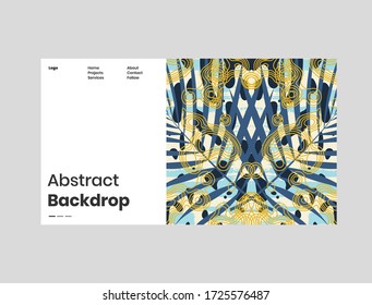 Abstract homepage illustration. Colorful lines, spots, dypsis lutescens leaves and map texture. Decorative symmetric wallpaper, backdrop. Hand drawn texture, decor elements and shapes. Eps10 vector.
