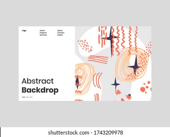 Abstract homepage illustration. Colorful lines, spots, dots and paint strokes. Decorative symmetric wallpaper, backdrop. Hand drawn texture, decor elements and shapes. Eps10 vector.