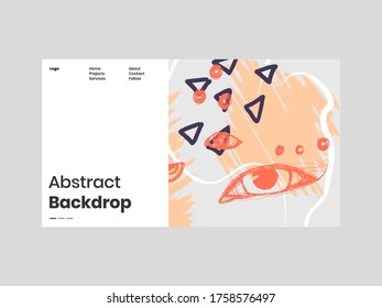 Abstract homepage illustration. Colorful lines, spots, dots, eyes and paint strokes. Decorative chaotic background, backdrop. Hand drawn texture, different shapes and textures. Eps10 vector.