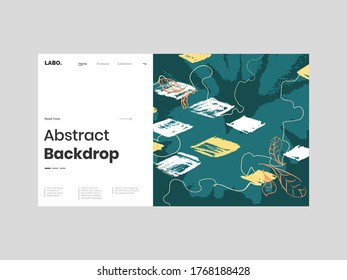 Abstract homepage illustration. Сolorful lines, spots, rhombus, leafs and scribble. Decorative chaotic background, backdrop. Hand drawn texture, different shapes and textures. Eps10 vector.