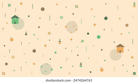 Abstract homes, fruits, and other decorative shapes create a seamless pattern. Orange and green colors have a geometric background design. Colorful vector illustration template.