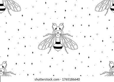 abstract honey bee seamless patterns with stars. line art vector illustration. packaging