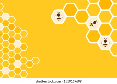 Abstract honeycomb with flying bees on yellow background vector illustration.