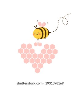 Abstract honeycomb heart shape and bee cartoon icon isolated on white background vector illustration.