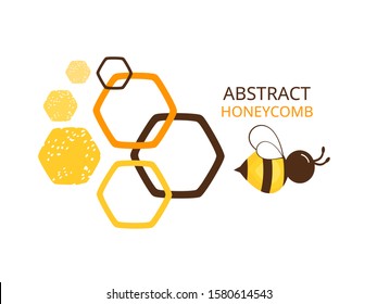 Abstract honeycomb with hexagon in different size and cartoon flying bee isolated on a white background. Flat design vector illustration.