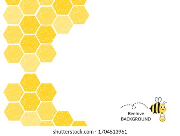 Abstract honeycomb with hexagon grid cell and cartoon flying bee on white background vector illustration.