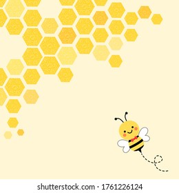 Abstract honeycomb with hexagon grid cells and cartoon bee on background vector illustration.