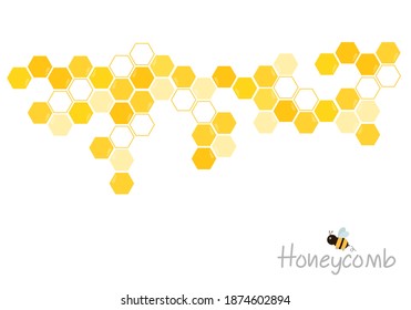 Abstract honeycomb with hexagon grid cells, bee cartoon and hand written font isolated on white background vector illustration. 