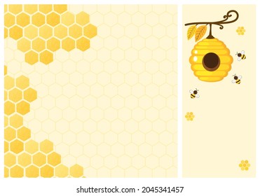 Abstract honeycomb with hexagon grid cells on yellow background. Beehive, tree branch and bee cartoons icons on yellow label vector illustration.