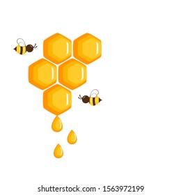 Abstract honeycomb, honey drops and cartoon flying bees isolated on white background. icon or logo vector illustration.