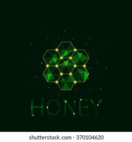 Abstract honeycomb logo on green background. Creative emerald comb icon with luminous nodes at the intersections of the ribs. Isolated vector illustration. 