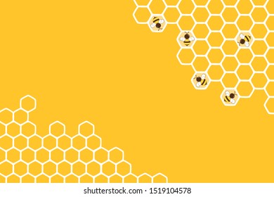 Abstract honeycomb with white hexagon and cartoon bees on yellow background vector illustration.