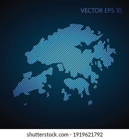 Resumen de la plantilla de mapa de Hong Kong hecha de líneas diagonales azules en fondo oscuro. Ilustración del vector EPS10.