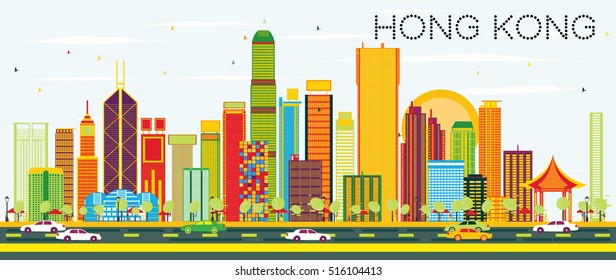 Abstract Hong Kong Skyline With Color Buildings And Blue Sky. Vector Illustration. Business Travel And Tourism Concept With Modern Architecture. Image For Presentation Banner Placard And Web Site.