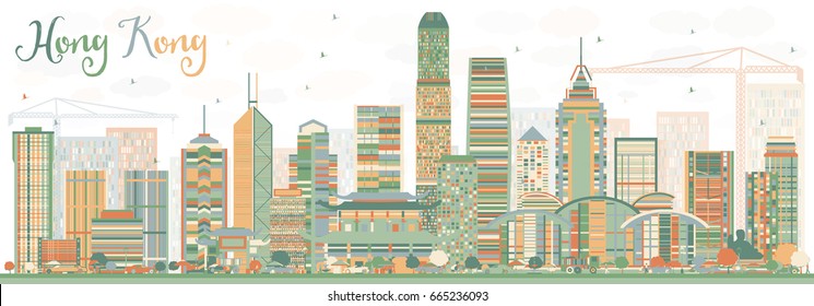 Abstract Hong Kong Skyline with Color Buildings. Vector Illustration. Business Travel and Tourism Concept with Modern Architecture. Image for Presentation Banner Placard and Web Site.