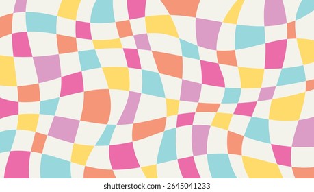 Abstract horizontal background with bright colorful wavy distorted grid. Retro 90s color palette. Flat style vector illustration