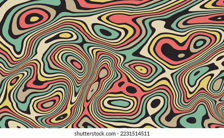 Abstract horizontal background with colorful waves. Psychedelic style, Trendy vector illustration in style retro 60s, 70s.