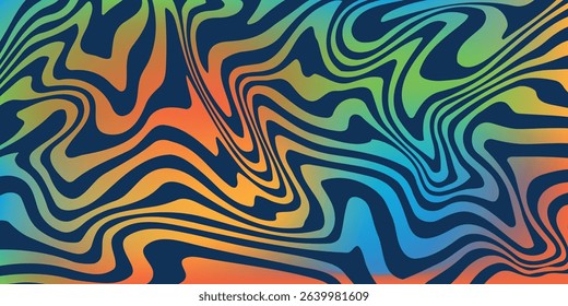 Abstract horizontal background with colorful waves. Trendy vector illustration in style retro 60s, 70s. Blue, yellow, green, and orange.