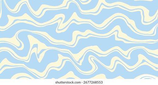 Fundo horizontal abstrato com ondas coloridas. Ilustração vetor na moda em estilo retro 60s, 70s. Cores do pastel
