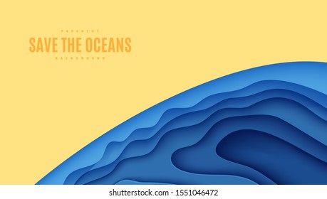 Abstract horizontal background in cut paper style. Cutout blue sea wave and beach sand template for for save the Earth posters, World Water Day, eco brochures. Vector water applique illustration.