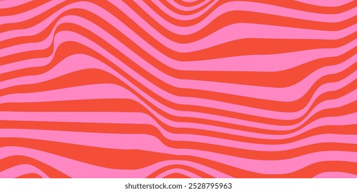 Abstractas fondo Horizontal con ondas dinámicas. Ilustración vectorial de moda en estilo retro años 60, 70. Colores rojo y rosa