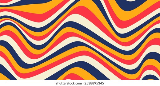 Abstract horizontal background with dynamic waves. Trendy vector illustration in style retro 60s, 70s. Red, yellow, beige and blue colors