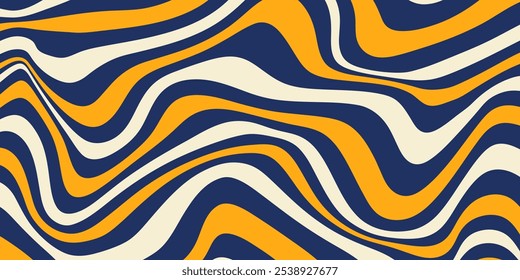Abstract horizontal background with dynamic waves. Trendy vector illustration in style retro 60s, 70s. Yellow, beige and dark blue colors