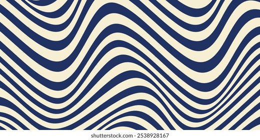 Abstract horizontal background with dynamic waves. Trendy vector illustration in style retro 60s, 70s. Beige and dark blue colors