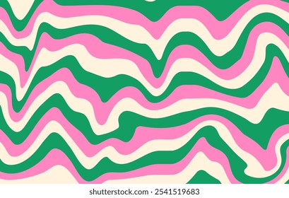 Abstract horizontal background with dynamic waves. Trendy vector illustration in style retro 60s, 70s. Green, beige and pink colors