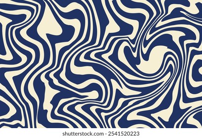 Fundo horizontal abstrato com ondas dinâmicas. Ilustração vetor na moda em estilo retro 60s, 70s. Cores bege e azul