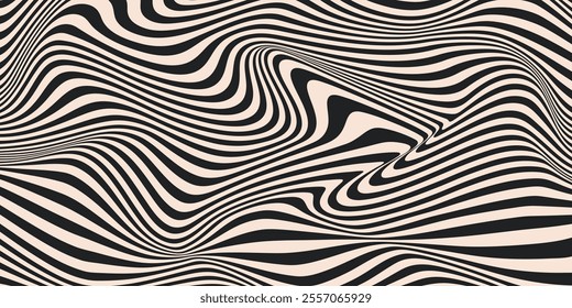 Abstract horizontal background with dynamic waves. Trendy vector illustration in style retro 60s, 70s. Beige and black colors