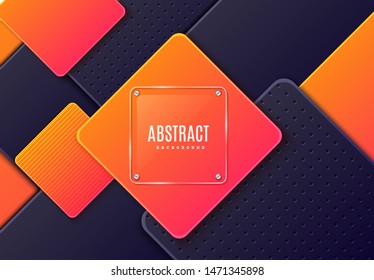 Abstract horizontal background with glass square label dark grey and orange gradient rhombus. Vector minimalist paper cut geometric pattern. Design concept for celebrating card, promo flyer.
