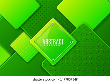 Abstract horizontal background with glass square label dark and light green gradient rhombus. Vector minimalist paper cut geometric pattern. Design concept for celebrating card of Earth day, eco flyer