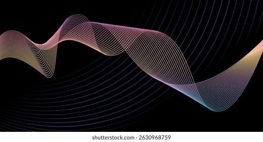 Abstract horizontal background with gradient wave lines. Minimalistic back creating dynamic visual effect. Trendy volumetric 3d stripes design on dark background. Features vector backdrop.