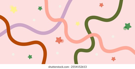 Abstract horizontal background with hand-drawn colorful wavy lines and stars. Pastel colored design template for greeting card, web banner, packaging, cover, print.